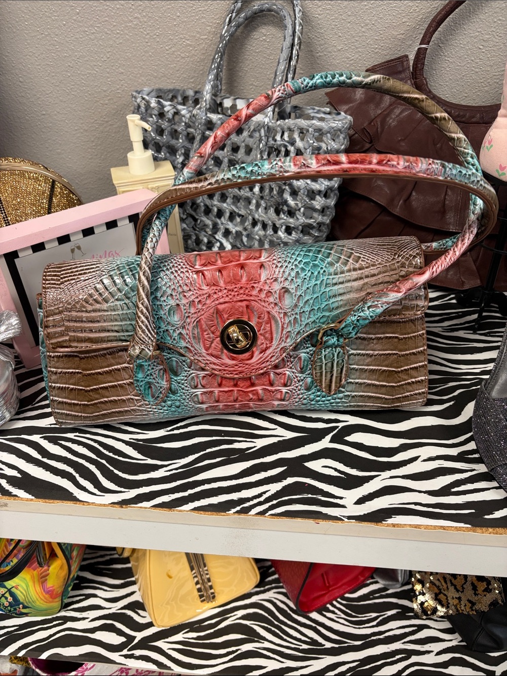 Multicolor Croc-Embossed Shoulder Bag with Turn-Lock Detail